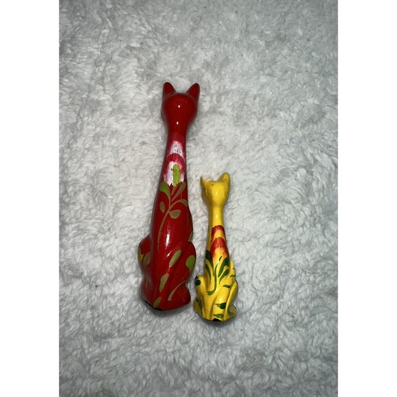 Folk Art Hand Painted Long Neck Cat Figurines 4” & 2.5” VTG MCM Anthropomorphic - Picture 3 of 16